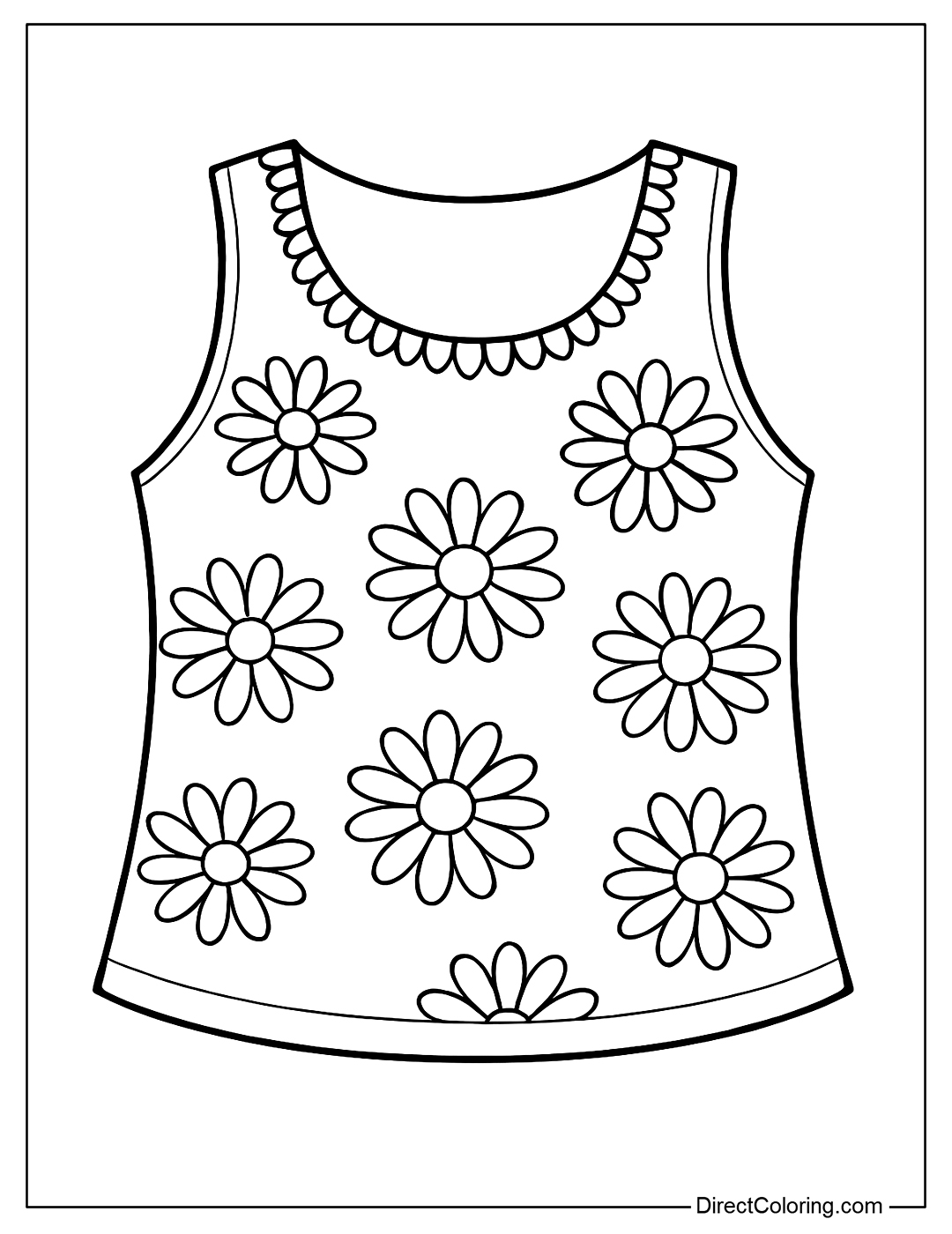 A sleeveless top coloring page with a chamomile pattern, with a collar bordered with small petals